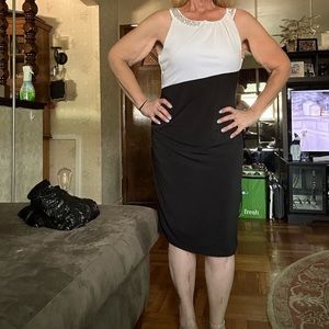 Form fitting blue and white cocktail dress